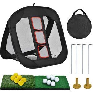Pop-up Golf Chipping Net with Dual Turf Hitting Mat, 6 Driving Range Golf Balls